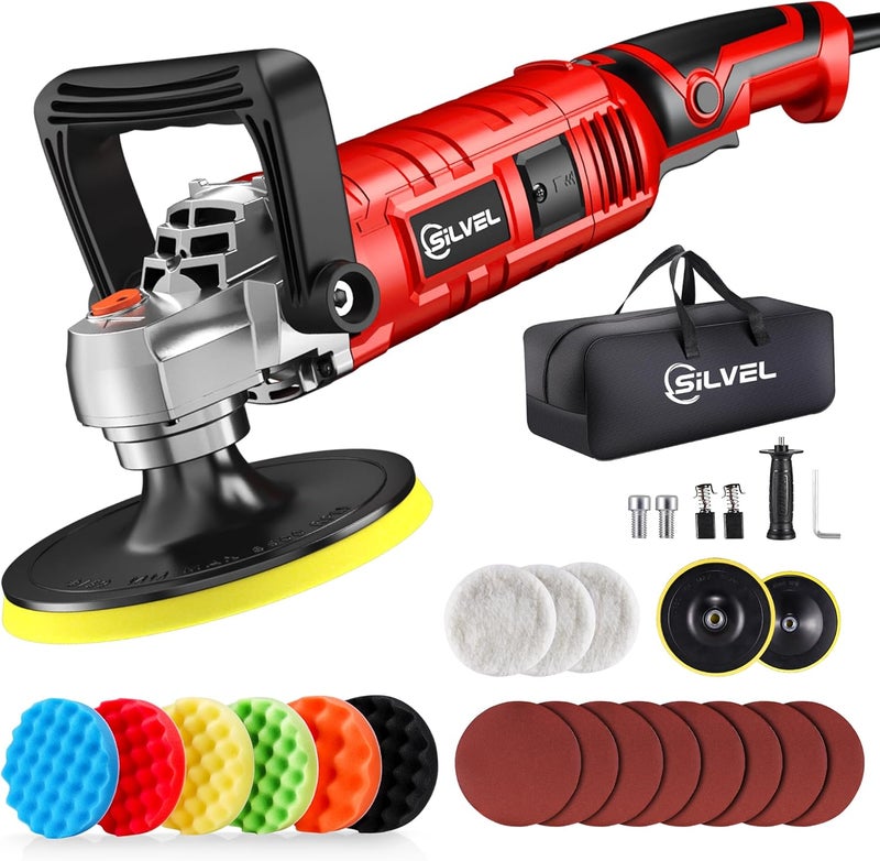 SILVEL Buffer Polisher, 1600W 7 Inch/6 Inch Polisher for Car Detailing, Wax Machine, 7 Variable Speed, with 6 Foam Pads, 3 Wool Pads, Packaging Bag, for Boat Polishing and Waxing - Image 1